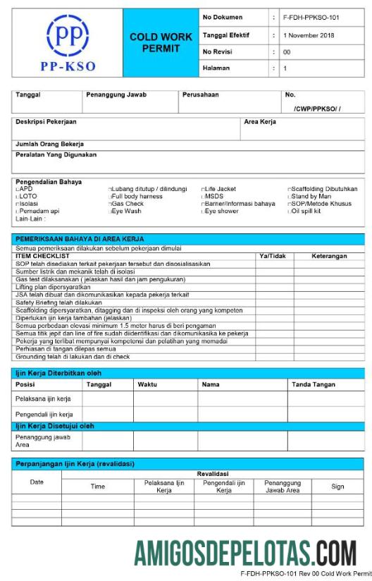 Permissão de trabalho da empresa PP KSO exemplo